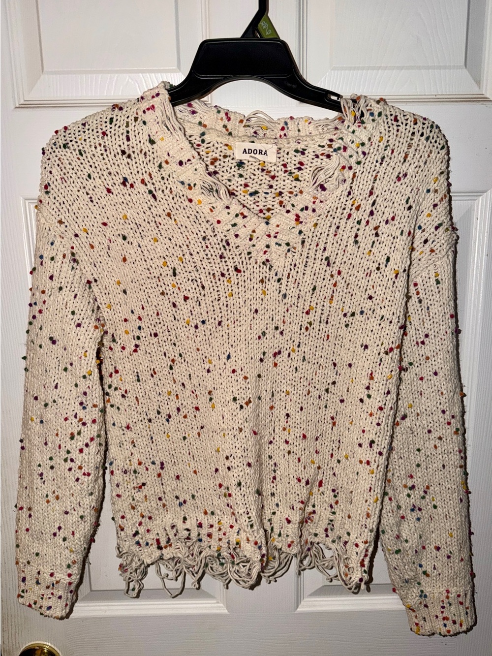 ADORA Cream Confetti Speckled Distressed V-Neck Knit Sweater S